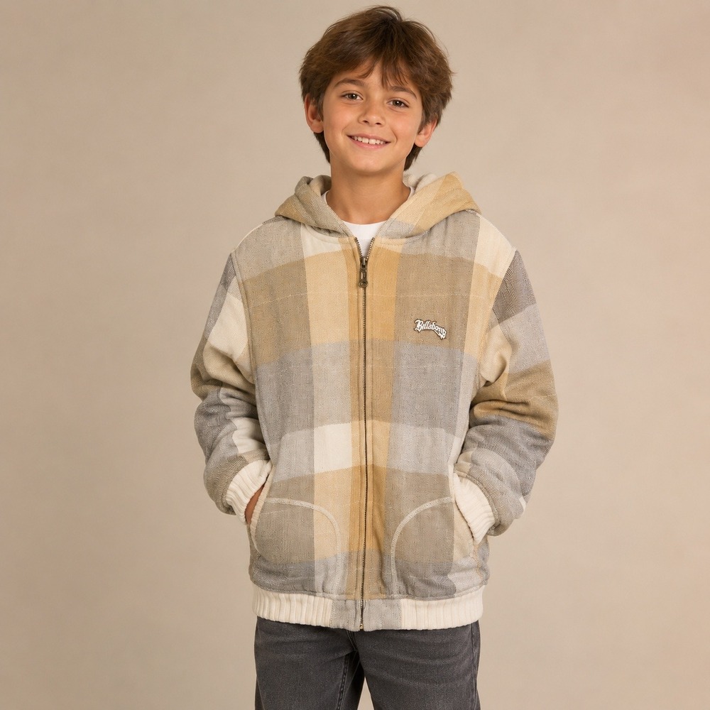 Billabong Boys XL Plaid Zip Up Hooded Jacket Tan Cream Grey Satin Lined Woven